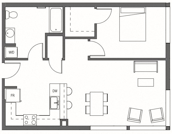 Floor plan for 1 bed, 1 bath, 774 sqft